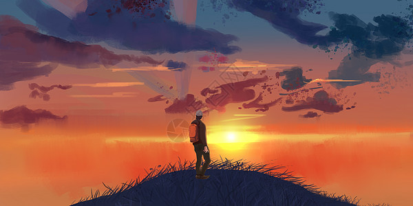 少年登山顶看夕阳插画背景图片