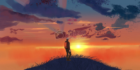 少年登山顶看夕阳插画图片