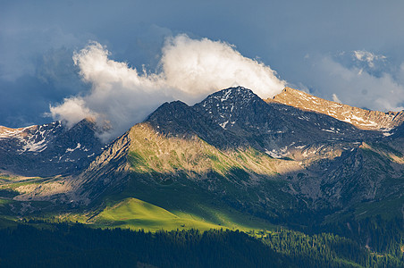 线条山峰新疆特克斯草原雪山森林背景