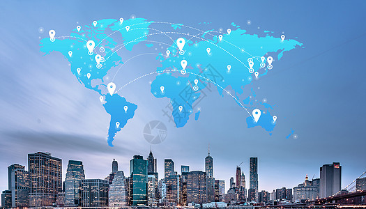 社交媒体传播互联网网络连接城市摩天楼世界地图背景图片