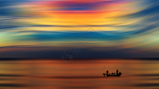 炫彩背景夕阳下的渔船背景