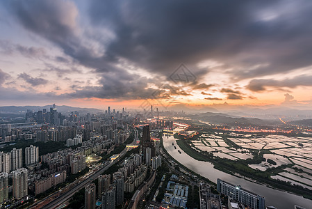 城市阳光日出深港城市建筑风光背景