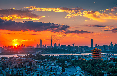 武汉长江主轴武汉城市风光日落时分的长江大桥黄鹤楼背景