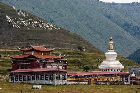 高山草地高山下的喇嘛寺背景