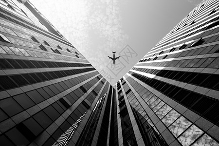 城市建设线条黑白商业飞机与建筑背景