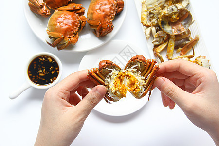 美味大闸蟹螃蟹蟹黄白底背景素材图片