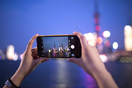 上海手绘夜晚用手机拍外滩背景