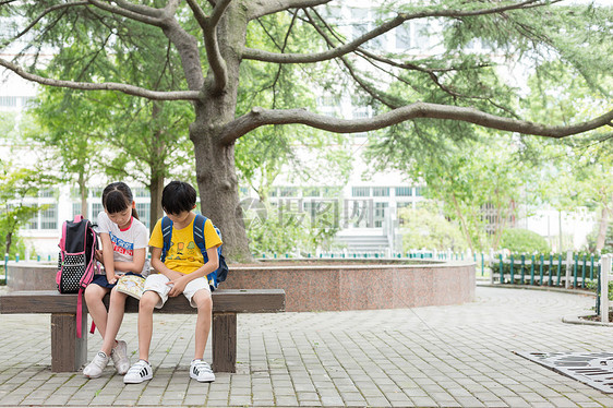 在树下坐着一起看书的小学生图片