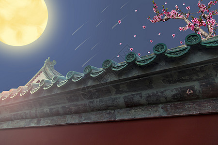 月圆梅花古宅背景背景图片