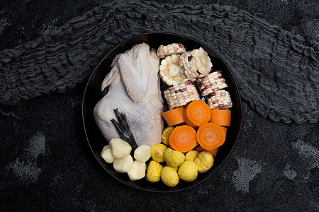板栗焖鸡玉米板栗红萝卜马蹄煲鸡汤材料摆盘素材图片背景