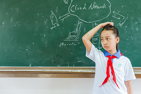 小学教室黑板前女生在思考图片