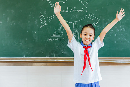 小学教室女生黑板前欢呼图片