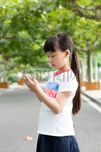 站在校园里玩手机的小学生女生图片