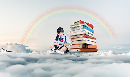 云端上看书的女孩儿图片