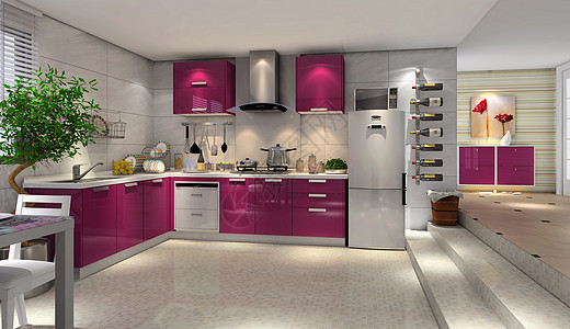 紫红色白色紫红色厨房效果图背景