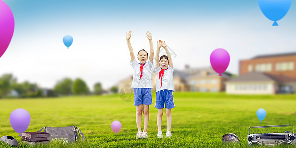 小学生书包草地上玩耍的学生设计图片