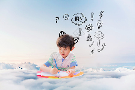 儿童美术云端上画画的孩子设计图片