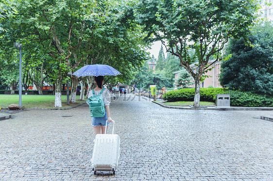 下雨天女生拉旅行箱背影图片