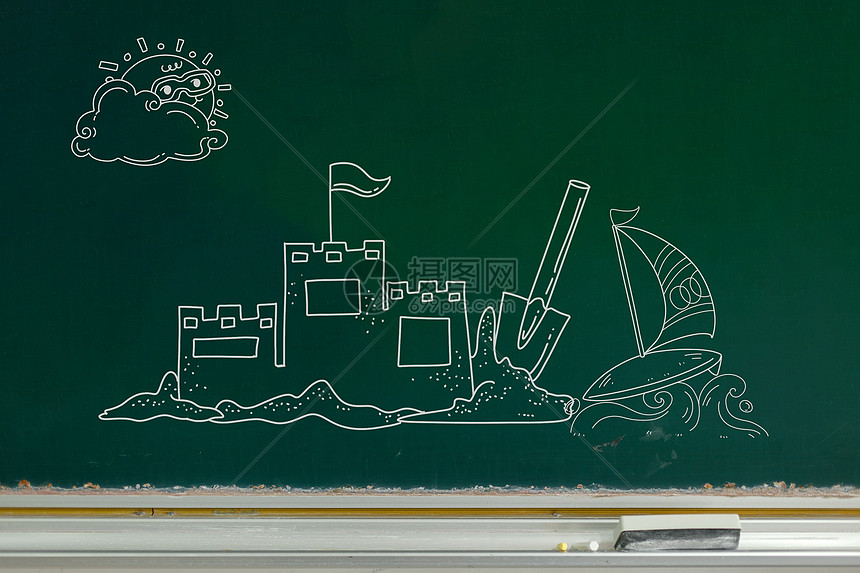 夏日海边黑板画