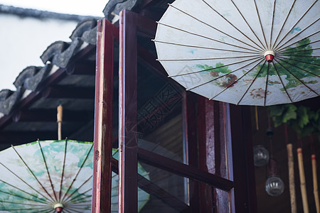 水墨寺庙中国元素油纸伞背景