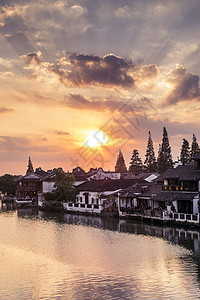 夕阳下的江南古镇小桥流水图片