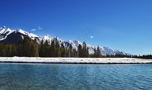 卡布里岛加拿大班夫国家公园雪山Lake Minnewanka背景