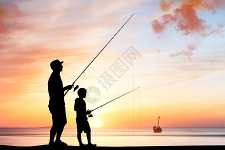 背着女儿的父亲河边钓鱼的父女设计图片