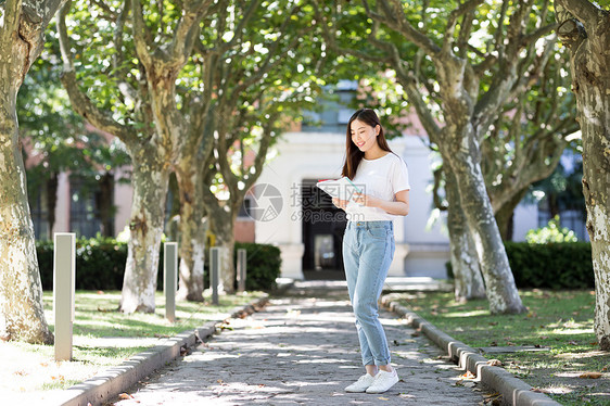 校园里站在树荫下看书的女生图片