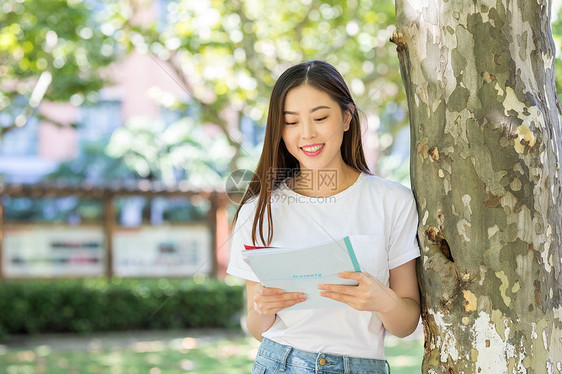 校园里靠在大树边看书的女生图片