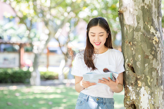 校园里靠在大树边看书的女生图片