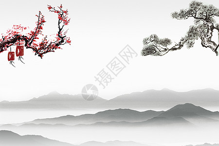 灰色山中国风梅花松树水墨山水背景设计图片