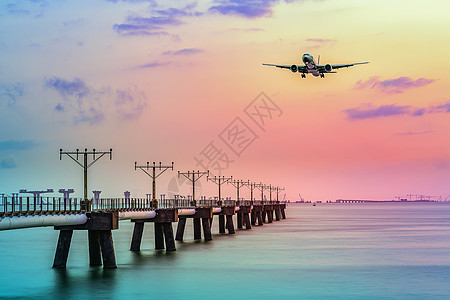 高空云层香港海边夕阳飞机起飞背景