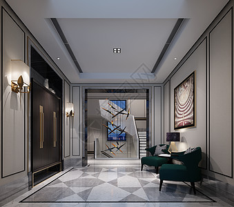家装楼梯新中式简洁风过厅室内设计效果图背景