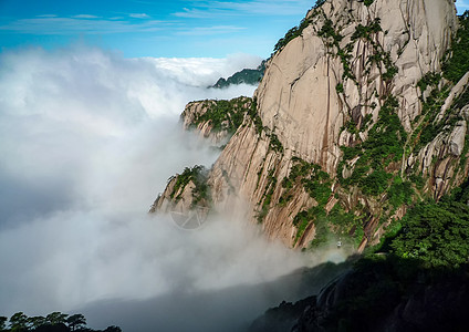 天空中的缆车黄山佛光伴云海背景