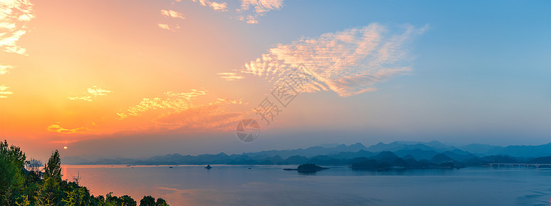 金色阳光矢量图夕阳醉美千岛湖全景图背景