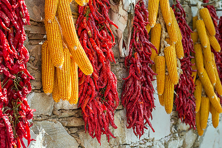 墙上阳光晒秋——玉米与辣椒背景
