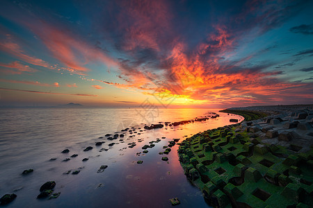 海边风景火烧云下的海景风光背景