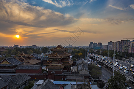 北京蓝天日落雍和宫背景