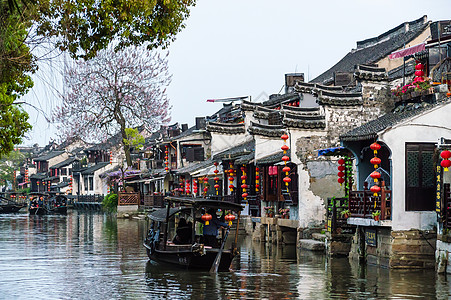 徽派谷雨海报江南水乡西塘河流船只背景