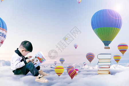 坐热气球的孩子儿童阅读乐趣背景