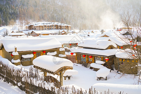 中国雪乡红灯笼下雪的村庄背景