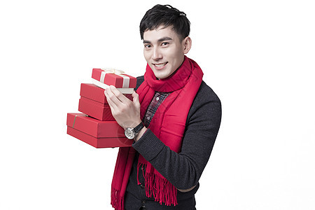 新年喜庆男士人像抱着礼物盒背景图片