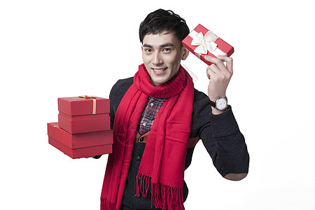 新年喜庆男士人像抱着礼物盒图片