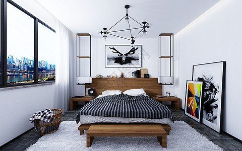 卧室挂画现代卧室效果图背景