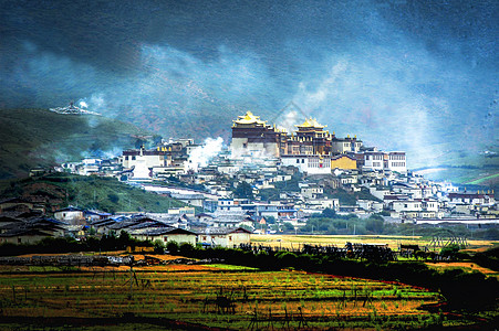 小镇远景香格里拉松赞林寺清晨背景