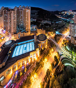 鸟瞰大连游泳馆城市夜景图片