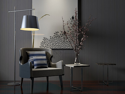3D墙纸单椅落地灯组合效果图设计图片