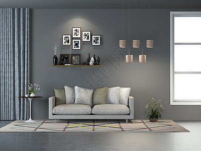 绿植盆栽现代简约客厅沙发效果图设计图片