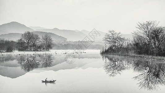 手绘树充满中国风的江南水乡雾气景色背景