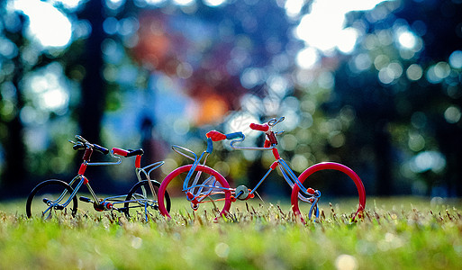 绿色草地上的手工自行车模型玩具图片